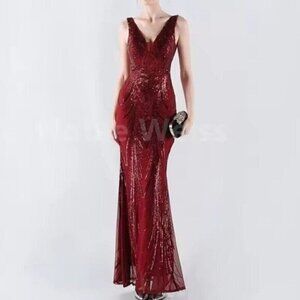 Red, Double V,  Beaded Back,  Draped Skirt, Sequined Mermaid Gown